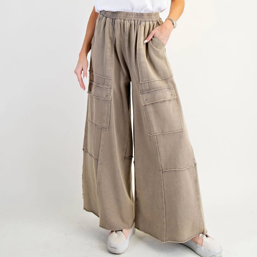 Easel Washed Faded Olive Terry Knit Cargo Pants - Picture 3 of 7